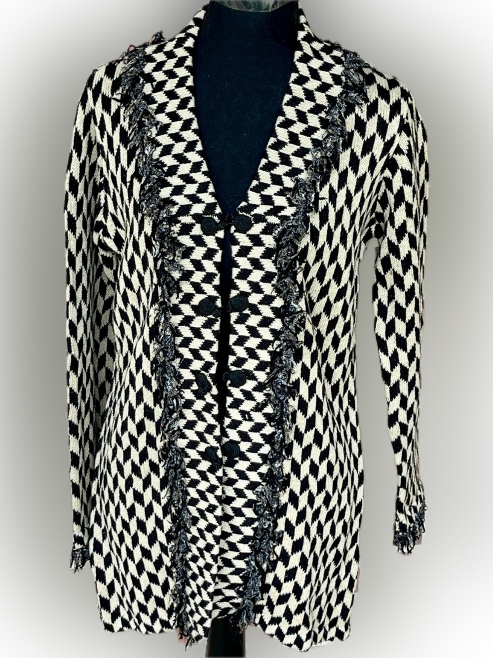 Vintage Storybook Knits Checkmate Checkerboard Cardigan Sweater Fringe XS 90s